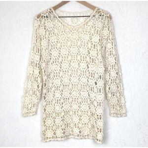 CROCHET Lace Cover-up Tunic Top Sz Medium Ivory‎ Cotton Beachy Boho Natural